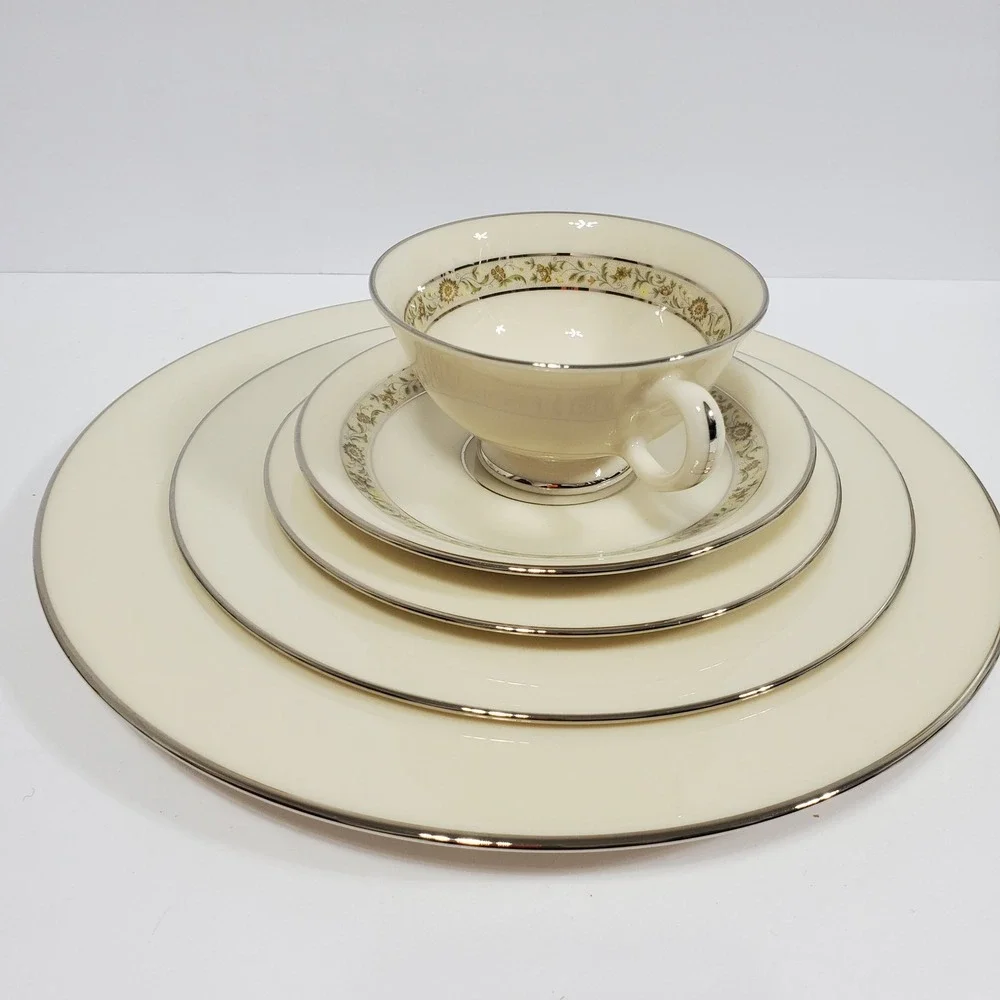 Lenox Springdale Saucer Cup Salad Dinner & Bread Plates 5 Pieces Platinum Trim